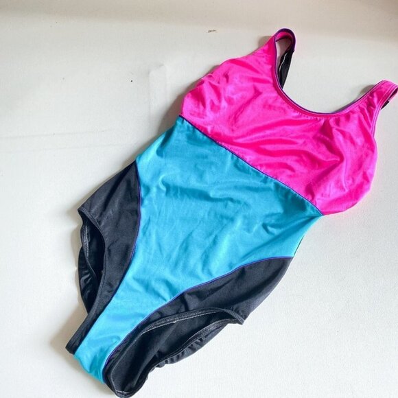 Vintage Christina Neon Pink Blue Low Back One  Piece Swimsuit L - Picture 1 of 7